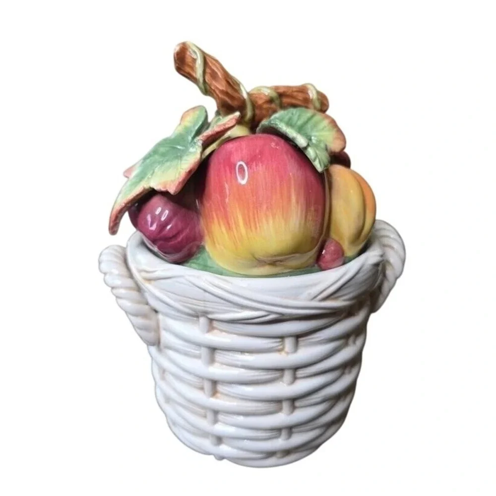 Fitz & Floyd‎ Basket Weave Cookie Jar / Canister - Apple Plums Pear Grape 9 X 7